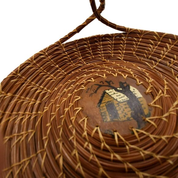 VTG Handcrafted Coiled Pine Needle Basket With Twisted Handles & Hand Painted - Picture 11 of 13